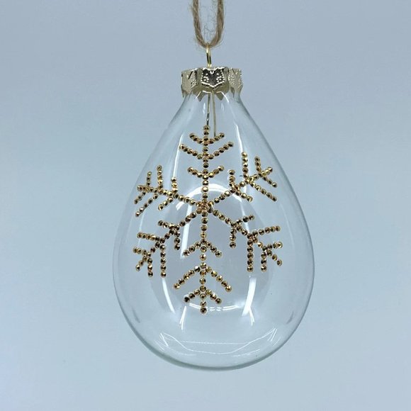 Teardrop glass Christmas ornament. Handmade gold rhinestone snowflake design. - Picture 1 of 1